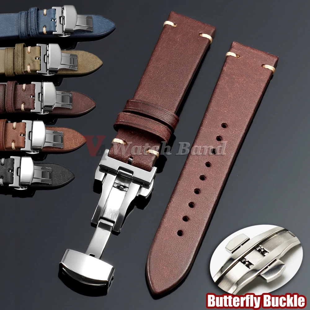 20 mm 22 mm Kalbsleder-Uhrenarmband, hochwertiges Lederarmband, echtes Leder-Armbanduhrarmband mit Schmetterlingsverschluss, Herrenuhr-Zubehör