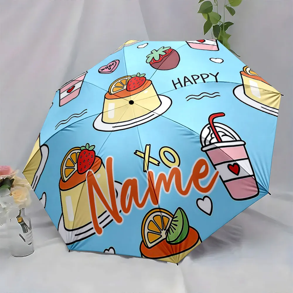 Custom Name Colorful Dessert-Themed Umbrella Design for Happiness Print 8Iron Ribs Folding Umbrella Auto-Open Fashion Sunshade