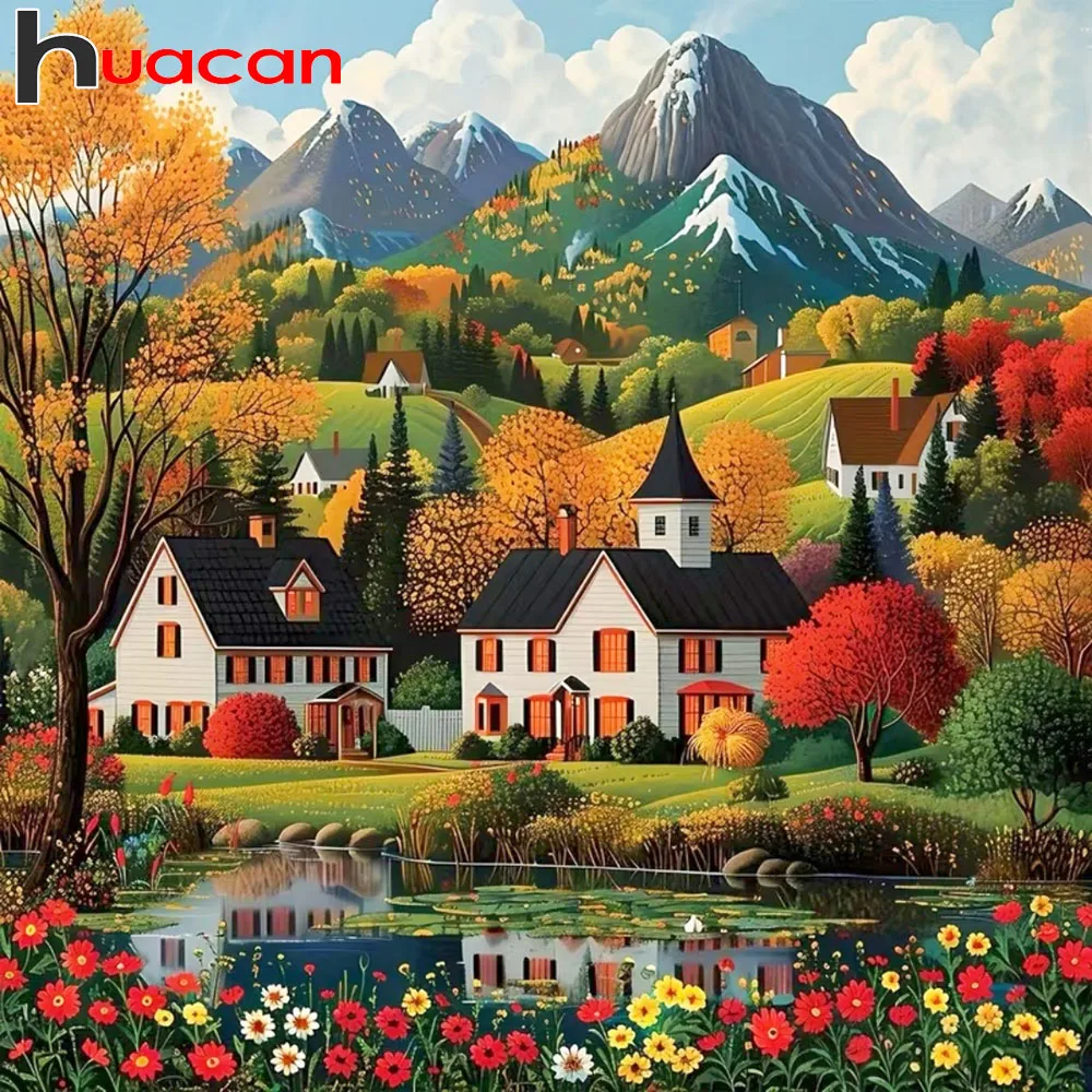 Huacan 5D DIY Diamantmalerei Herbst-Bergfluss Diamant-Mosaik Landschafts-Sets Heimdekoration