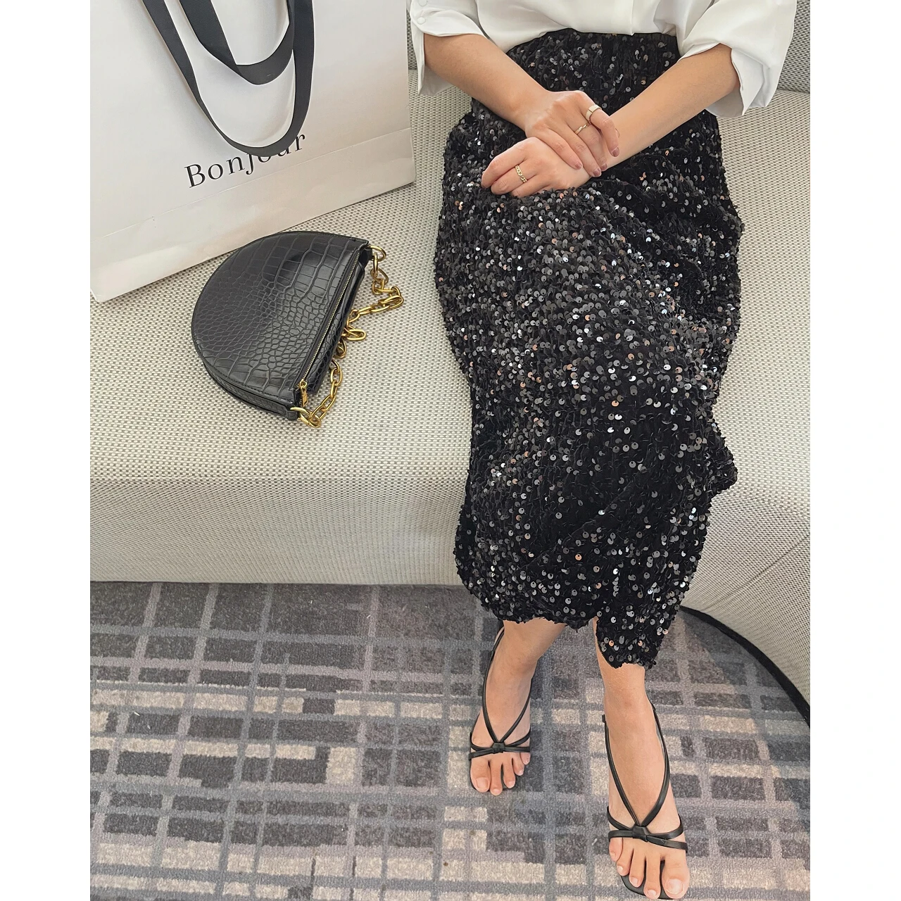 Women skirt Sequin Korean Fashion Long 2023 New Spring Summer Black Y2k High Waist Elegant Chic Balloon Slit Wrap Sexy Vintage