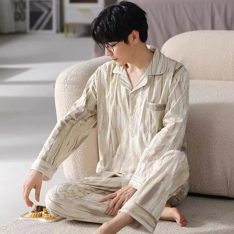 

High-Quality Spring and Autumn Men's 2025 New Casual Pajamas Plaid Loungewear Autumn Casual Wear That Can Be Worn Outside Set