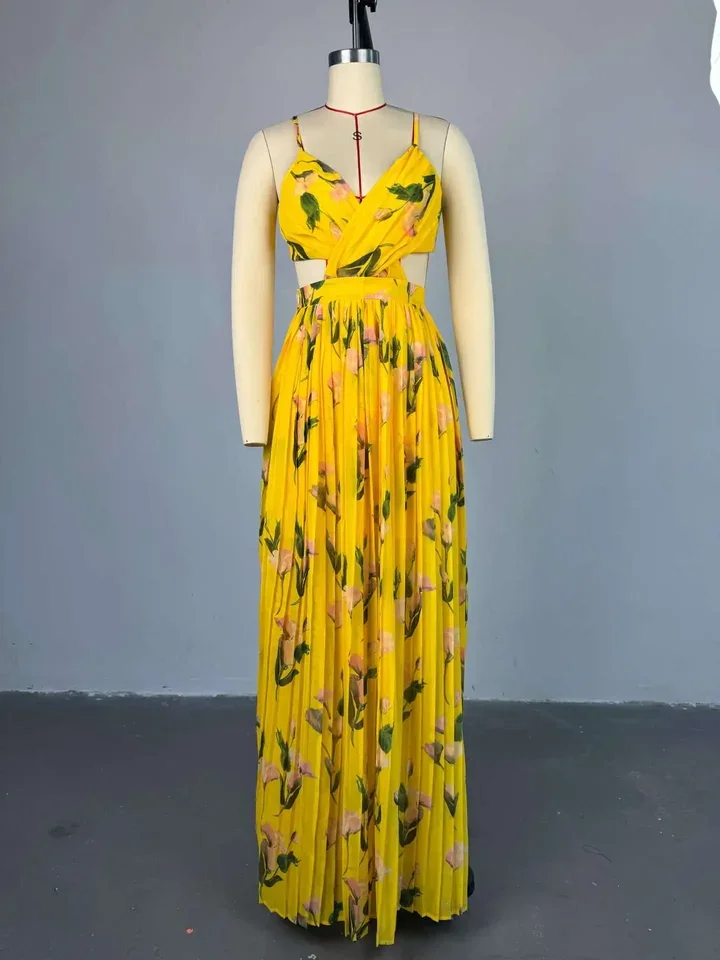 เดรสยาวพิมพ์ลายดอกไม้สุดหรู สายเดี่ยวแบบไม่มีสายคล้องไหล่ สำหรับผู้หญิง เหมาะสำหรับงานปาร์ตี้ริมชายหาด งานวันเกิด ดีไซน์เซ็กซี่ จับจีบ