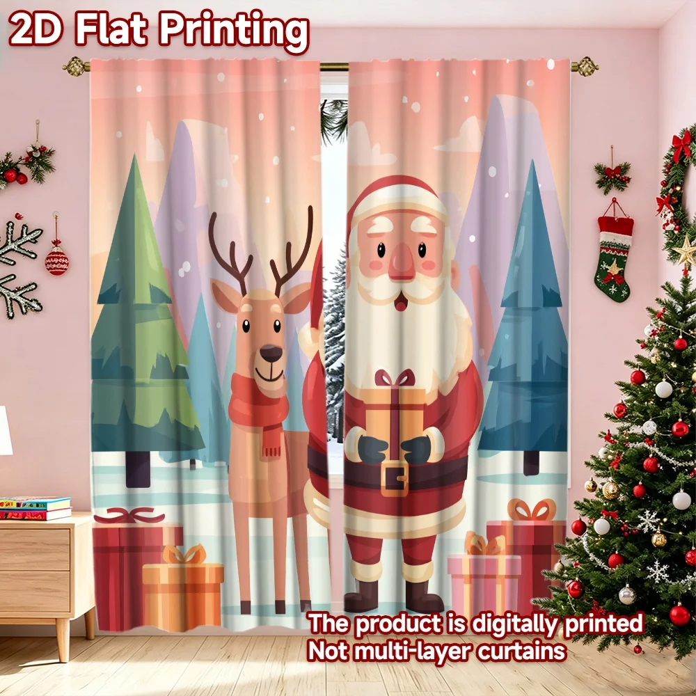 2D flat printing 2pcs Christmas Curtains Christmas Santa and Reindeer(1) Durable polyester fiber Festive Holiday Perfect for