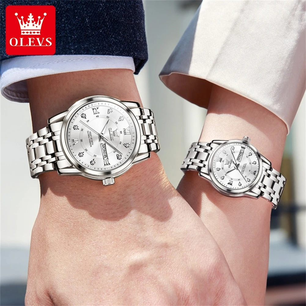 OLEVS-Ensemble de montre de couple en acier inoxydable pour hommes et femmes, montre-bracelet à quartz étanche, argent, marque de luxe, horloge