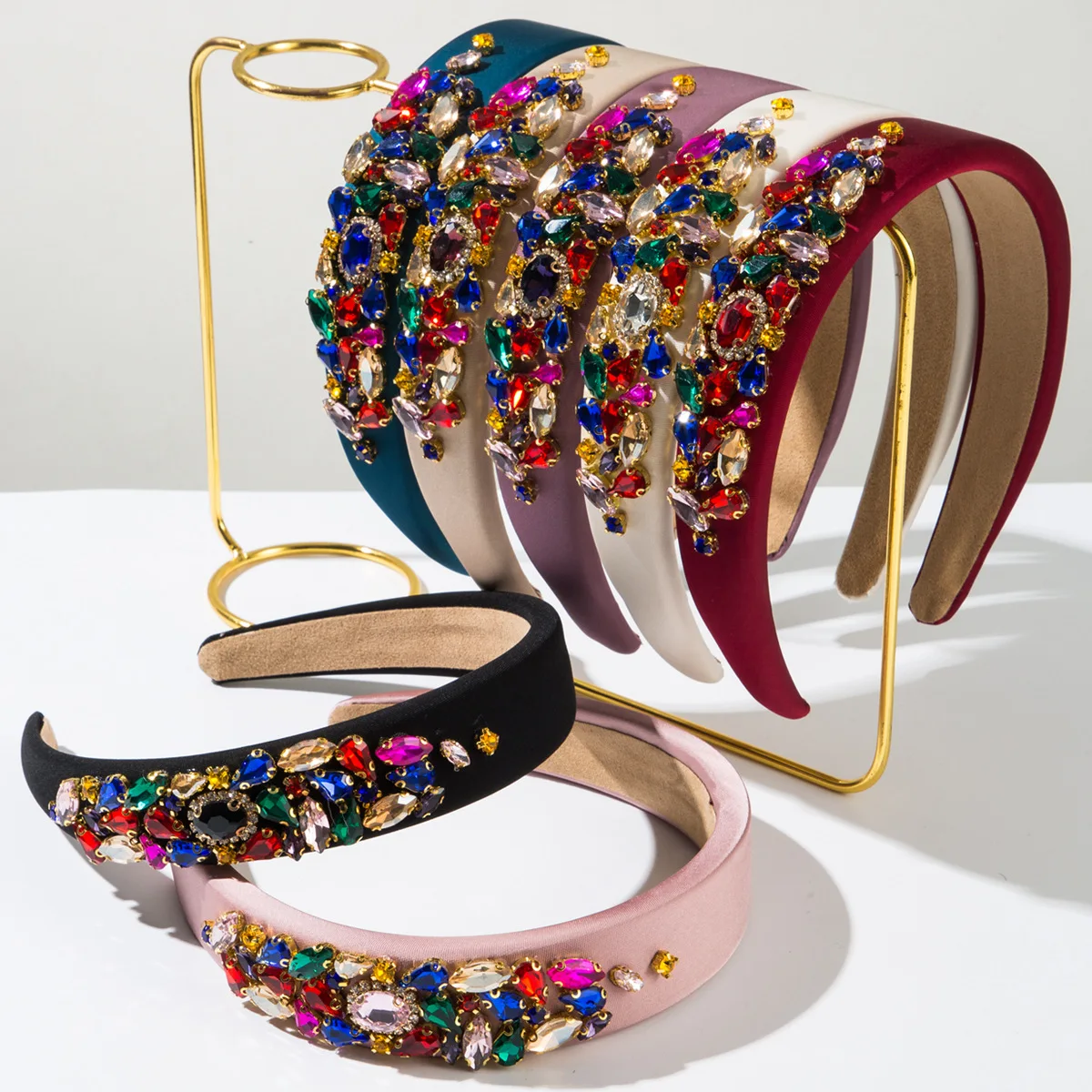 

Luxury Baroque Rhinestone Headband Large Colorful Crystal Hair Hoop Vintage Velvet Padded Hairband Wedding Party Hair Accessorie