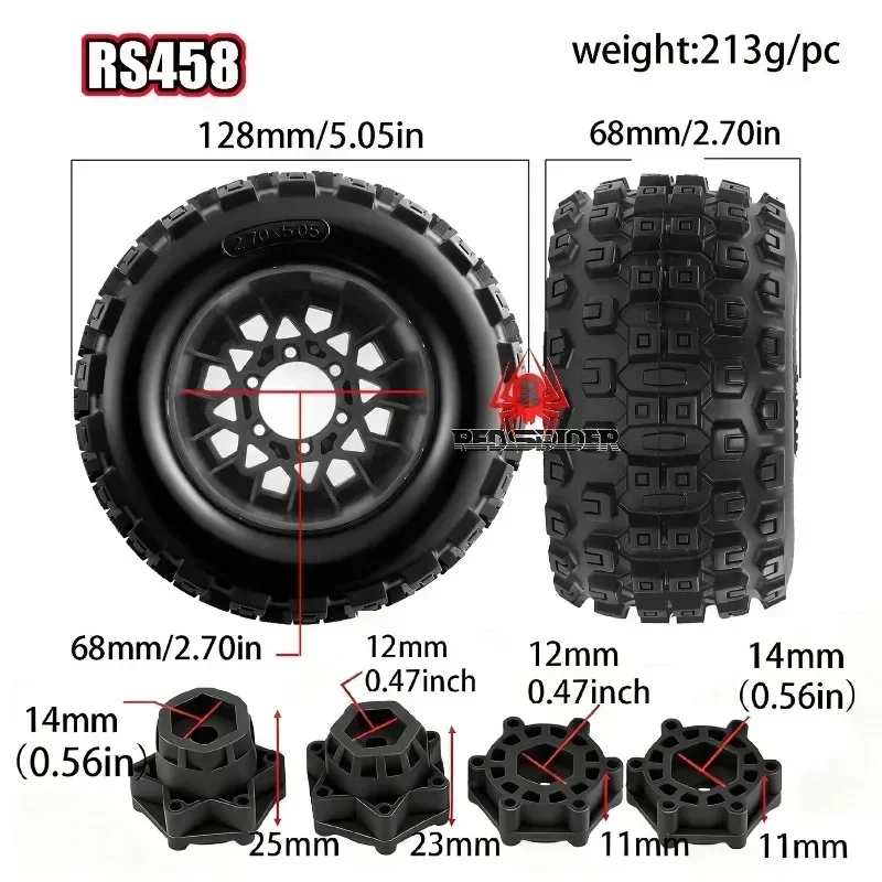 4pcs 128mm 1/10 Monster Stunt Truck general Tire 12mm and 14mm Hex for TRXS MAXX ARRMA Granite KRATON Outcast Tamiya Losi Red
