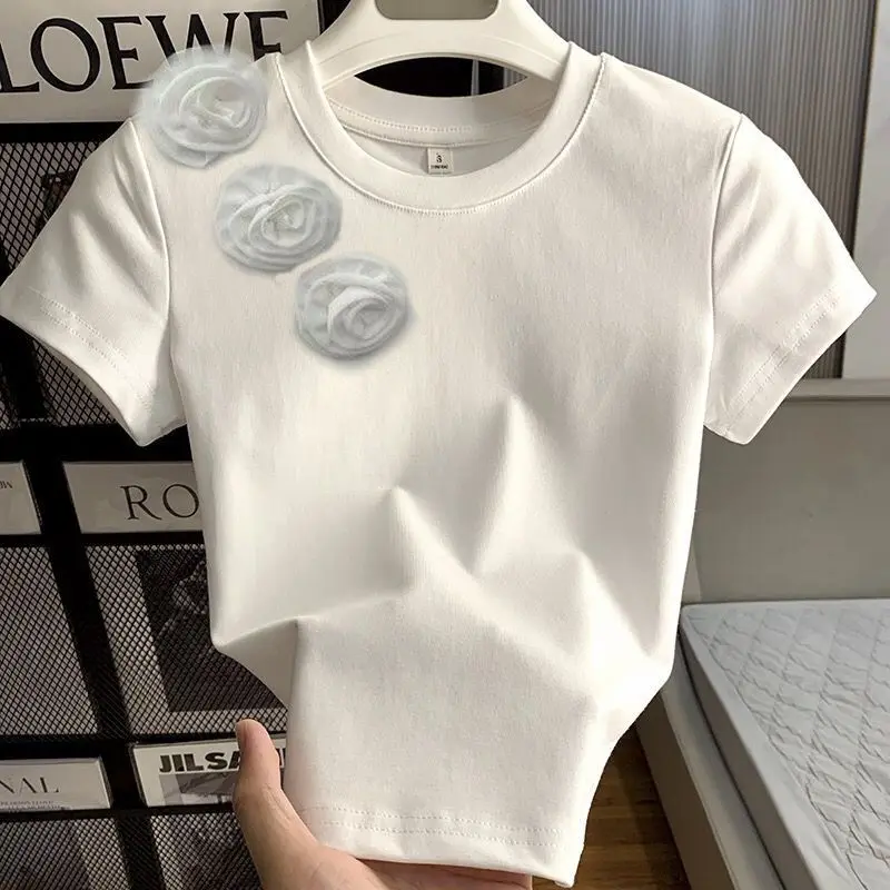 Sweet Flowers T Shirt For Women Solid Spring Summer Versatile Ropa De Mujer Korean Fashion Vintage Short Tees