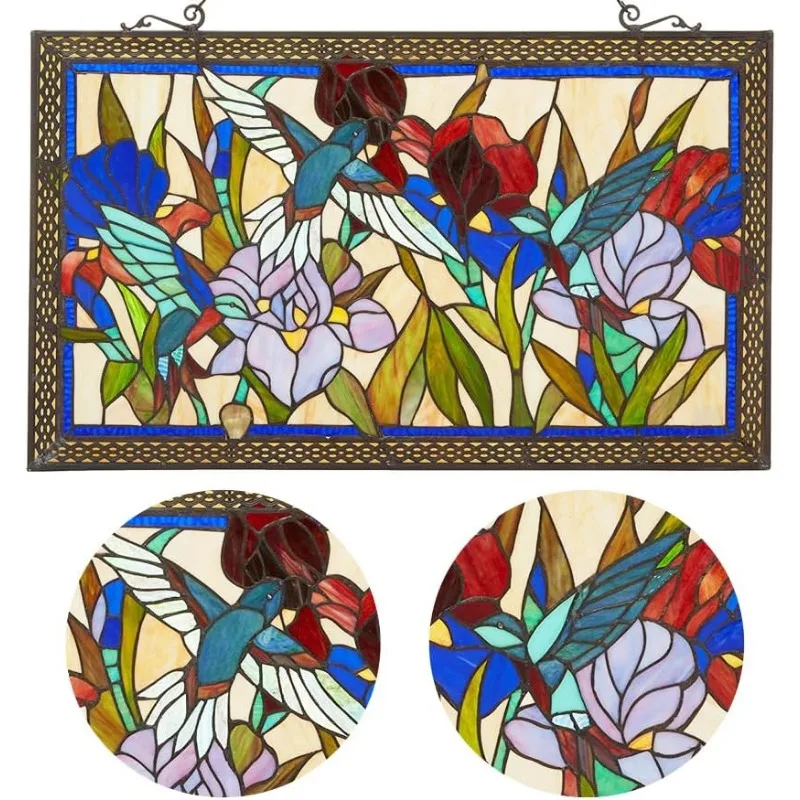 Humming and Flowers Stained Glass 28" x 17" Window Panel, 100% Genuine Stained Glass, Handcrafted 363 pieces, 28 by 17-inch