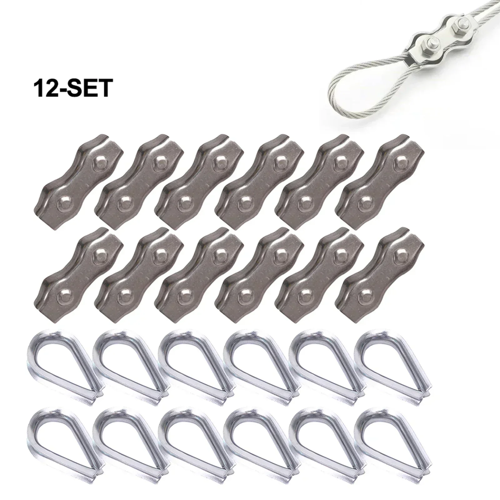 Produktbild von WUGU 12-teiliges Drahtseilklemmen-Set – 2mm, 304 Edelstahl, Mit Kauschen – Für Wäscheleinen, Markisen & Mehr – Rostfrei & Stabil