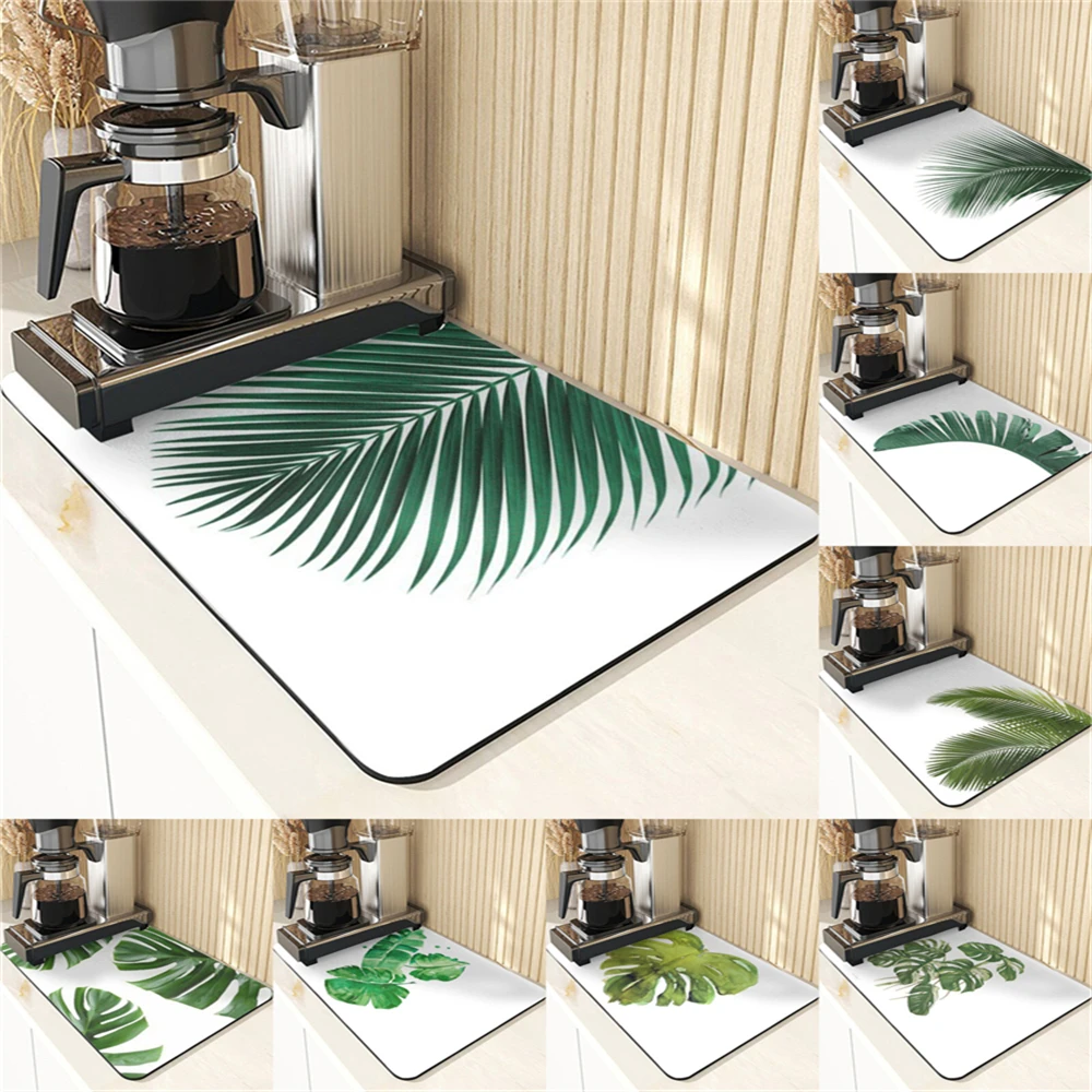 Plant Style Placemats Under Table Plates Coaster Leaves Printing Absorbent Silicone Dish Mat Neat Table Drying Mat For Kitchen