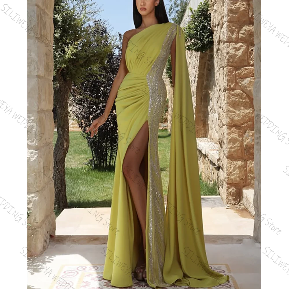 

Fashion Green One Shoulder Cap Sleeves Chic Prom Dresses High Slit A-Line Female Party Evening Gown