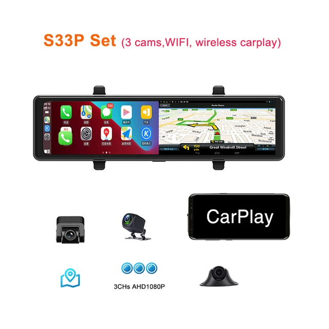 3 Cameras Dash Cam Car Play & Android Auto 2.5k 2560*1440P Rearview Mirror Video Recording WIFI Loop Record Phone APP Car DVR