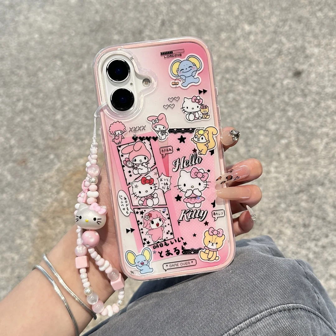 

Gradient jelly pink Cartoon Hello Kitty Melody Pendant Phone Cases for iPhone 16 Pro Max 13 14 15 Pro Max Camera Protector Cover