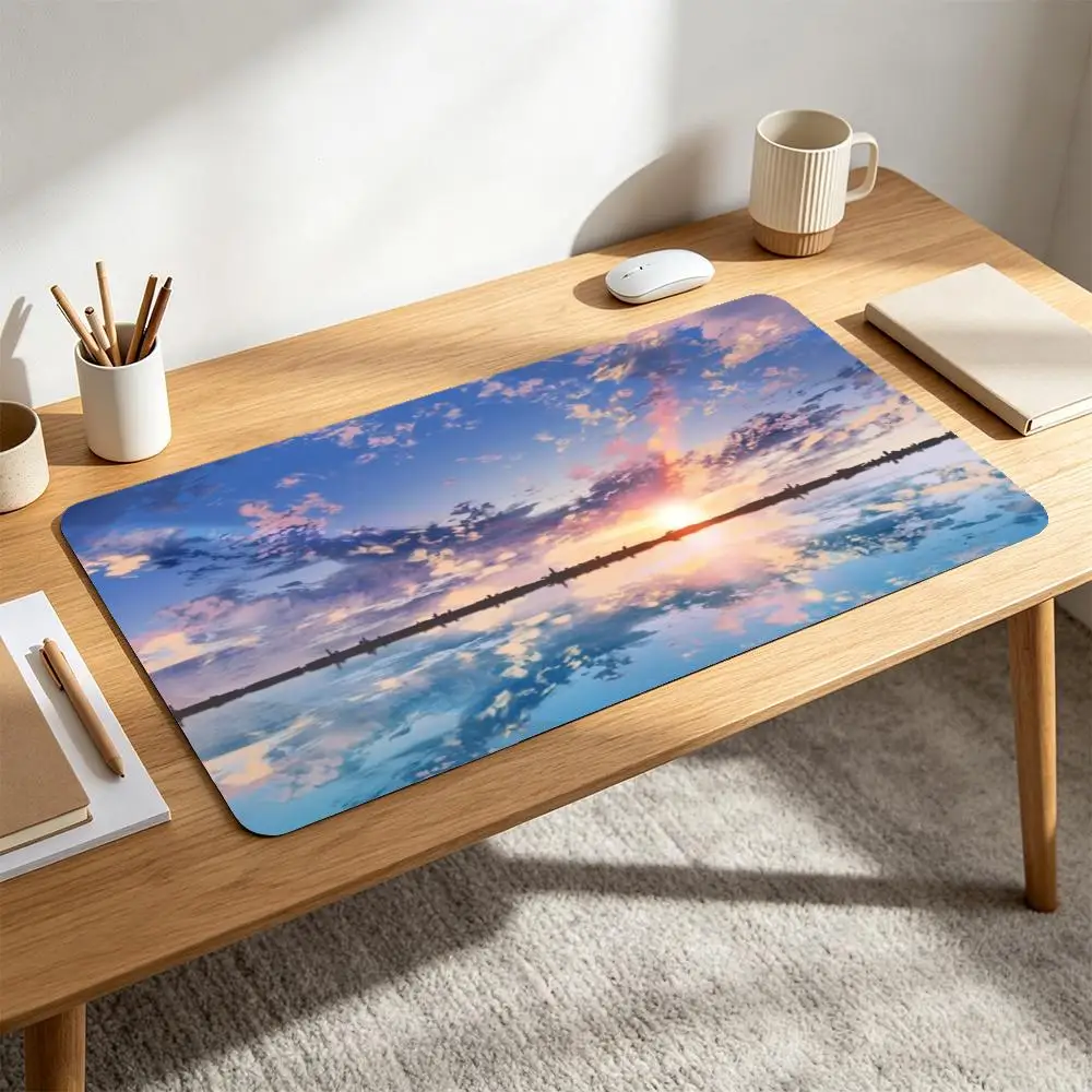 Serene Twilight Lake XXL Desk Pad Anime Aesthetic Dreamy Pastel Sunset Sky Cloud Reflections On Calm Water Distant City