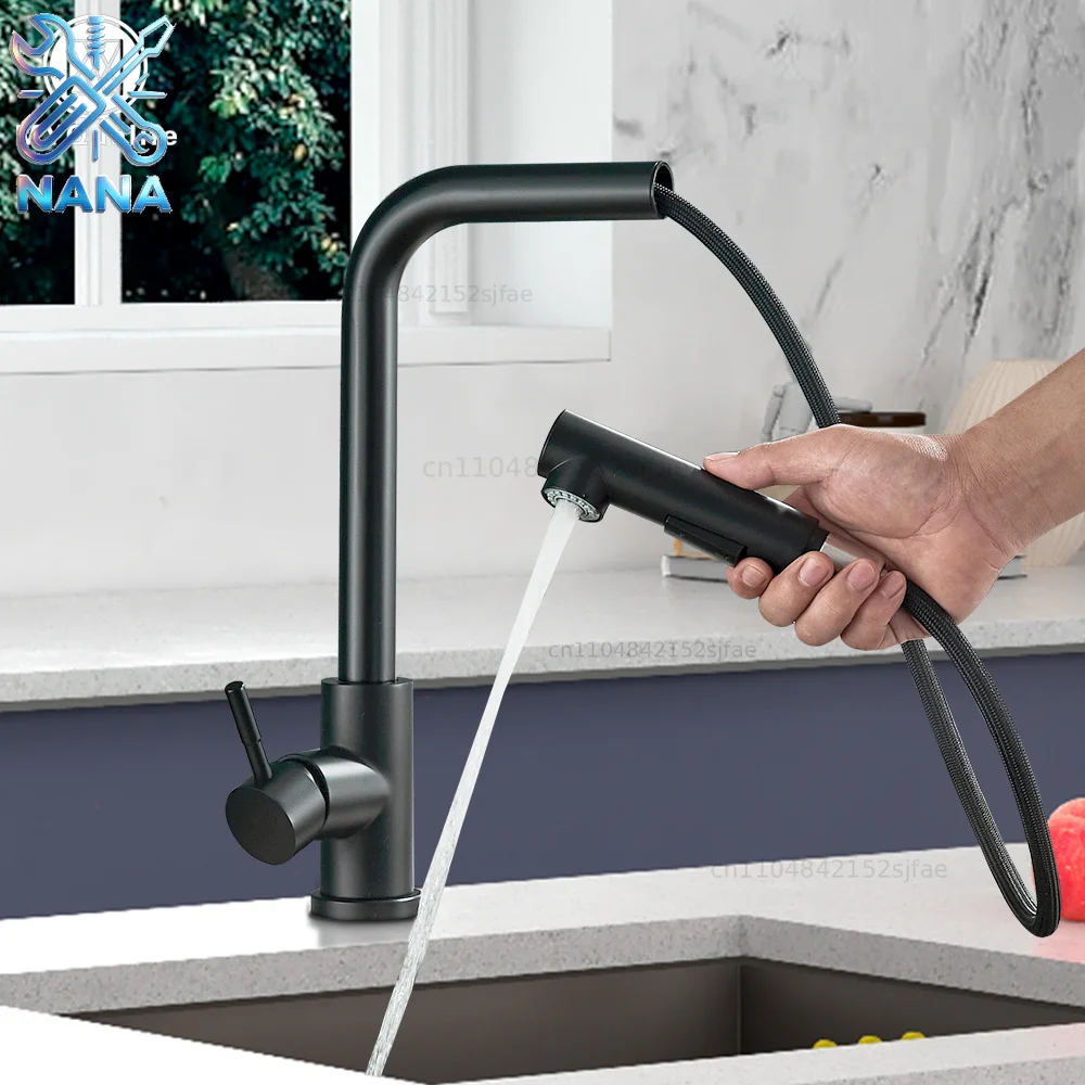 Black Pull Out Kitchen Sink Faucet Two Model Stream Sprayer Nozzle Stainless Steel Hot Cold Wate Mixer Tap Deck