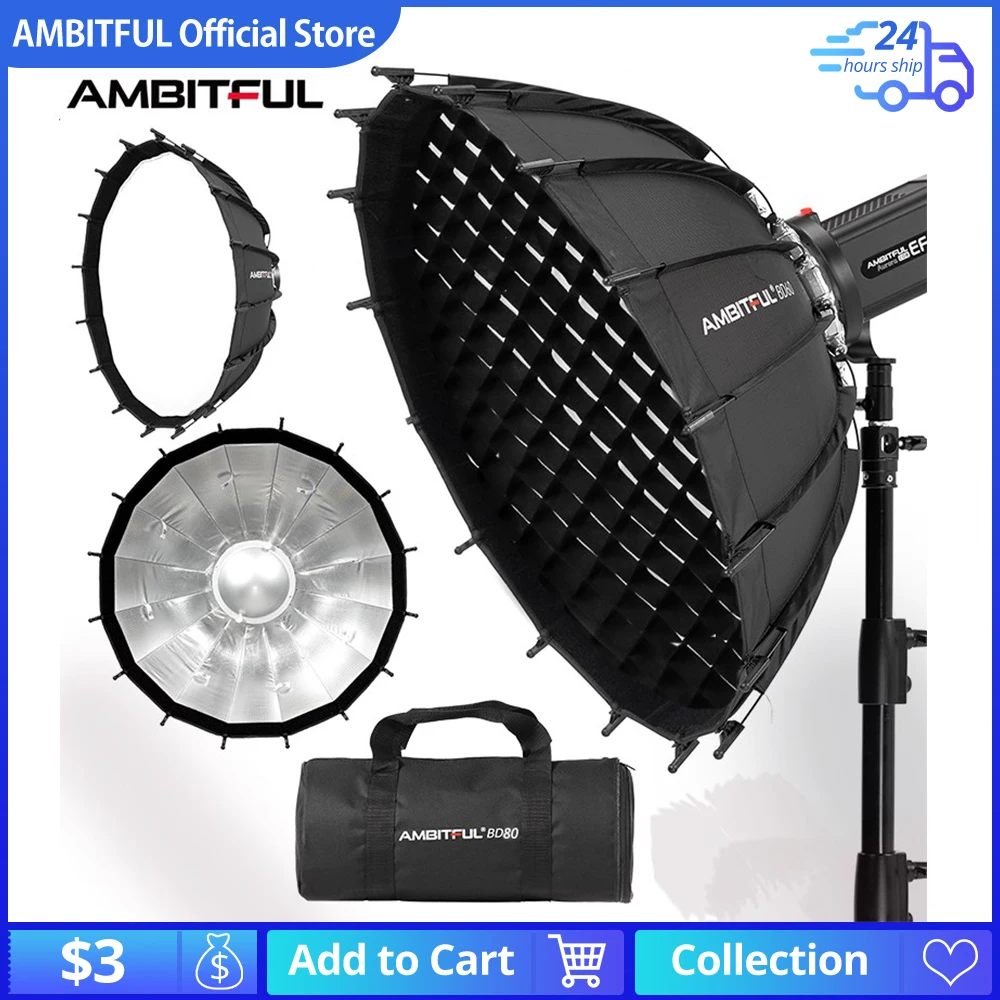 Ambitful 60/80cm 23.6'' Studio Silver Wide Angle Beauty Dish Honeycomb Grid Bowens Mount for Godox SK400II QT600II SL200II VL300