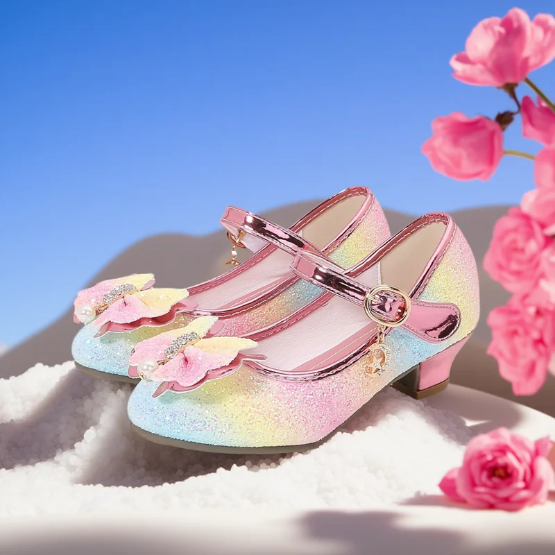 Princess Hihg Heel Kids Leather Shoes For Girls Flower Casual Glitter Children High Heel Girls Shoes Butterfly Knot Blue Pink