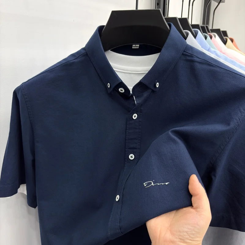 100% cotton fashion brand short sleeve men's shirt high-quality simple letter embossed new luxurious summer business casual top