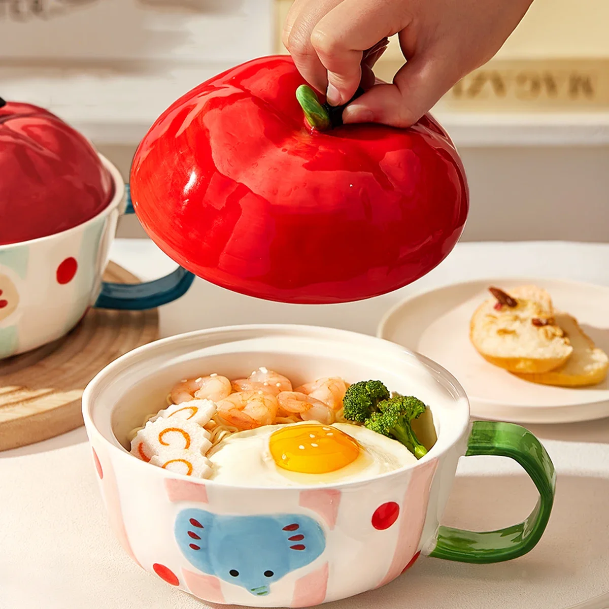 Creative Cartoon Noodle Bowls Durable Ceramic Underglaze Deep Soup Bowl With Lid Household Kitchen Ramen Serving Dinnerware view 2
