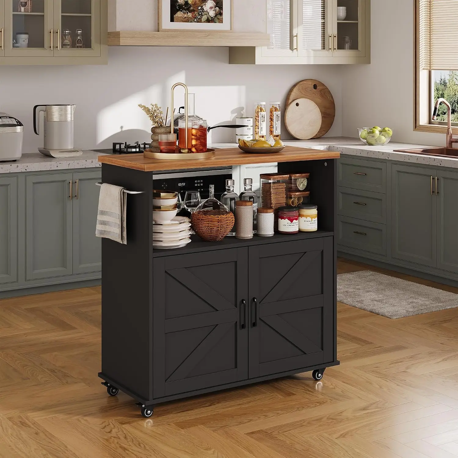 Kitchen Island Cart with Storage Cabinet, 40.4'' Width, Wood Top, Towel Rack & Lockable Wheels, Customized