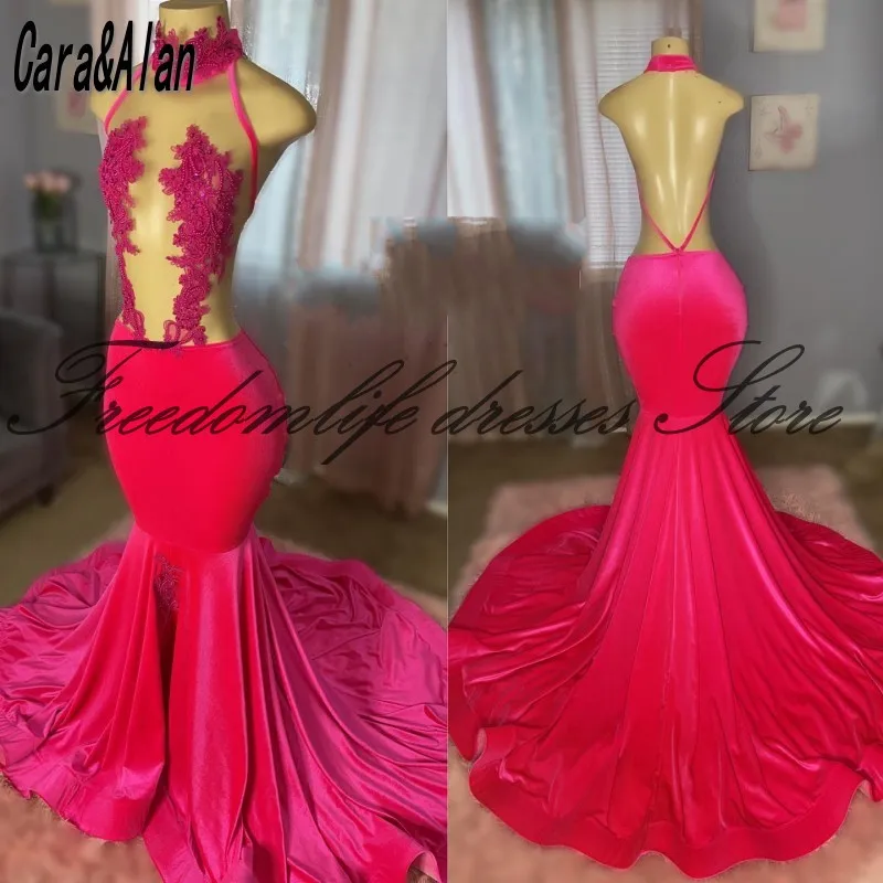 Sexy Rugloze Kant Magenta Prom Dresses Voor Vrouw 2024 Halter Kralen Fluwelen Zeemeermin Feestjurken Verjaardag Outfits Lang