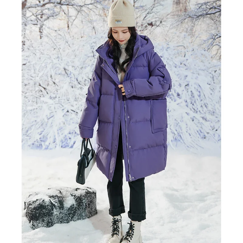 2023 Winter Hooded Thick Coats 90% White Duck Down Plus Size Jackets Women Large Middle Length Loose Purple Twill Pocket Parkas