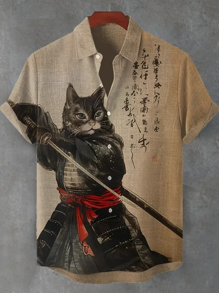 

Повседневные рубашки цвета хаки, мужские рубашки в стиле ретро с японским котом-самураем и художественным принтом, рубашка с коротким рукавом, модная рубашка с воротником с лацканами, праздничная шикарная туника, топы