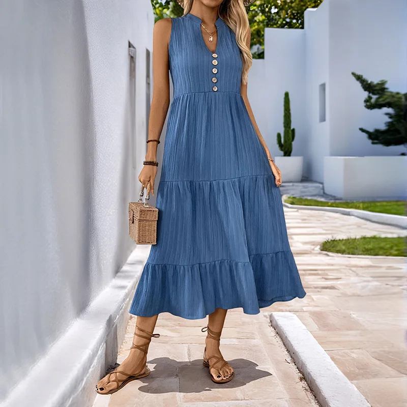 

2025 Summer New Mid-length Skirt Pleated Solid Color Stand Collar Fashionable Simple Sleeveless Dress Vestidos De Mujer
