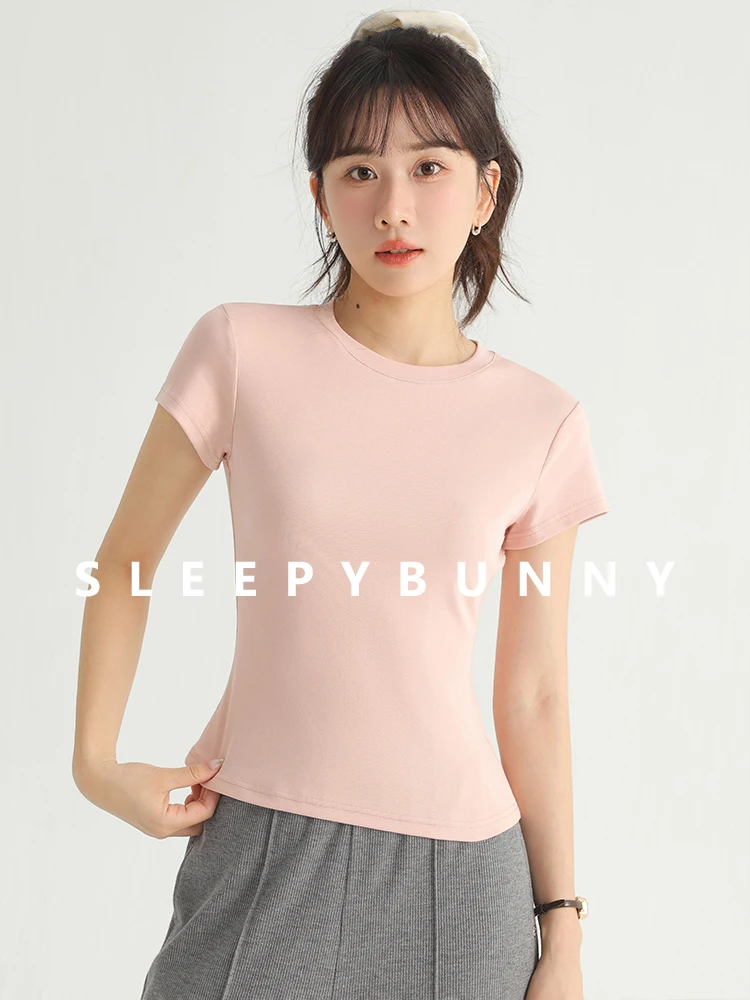 Women Casual Slim Fit Cap Sleeve Round Neck T-Shirt Summer Petite Stretch Tee Versatile Basic Short Sleeve Top for Daily Wear