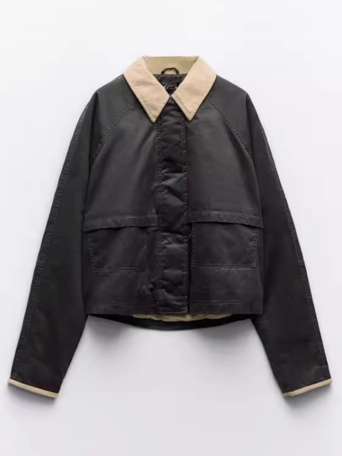 New 2025 Spring Autumn American Retro Contrast Color Wax Jaet Women's Outerwear Collar Zipper Long Sve ort Sle Loose...