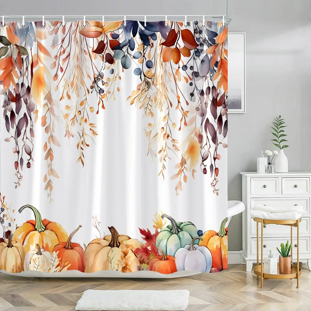 Fall Pumpkin Shower Curtain Autumn Leaves Thanksgiving Decorative Washable Bath Curtain Polyester Fabric Home Bathroom Curtain