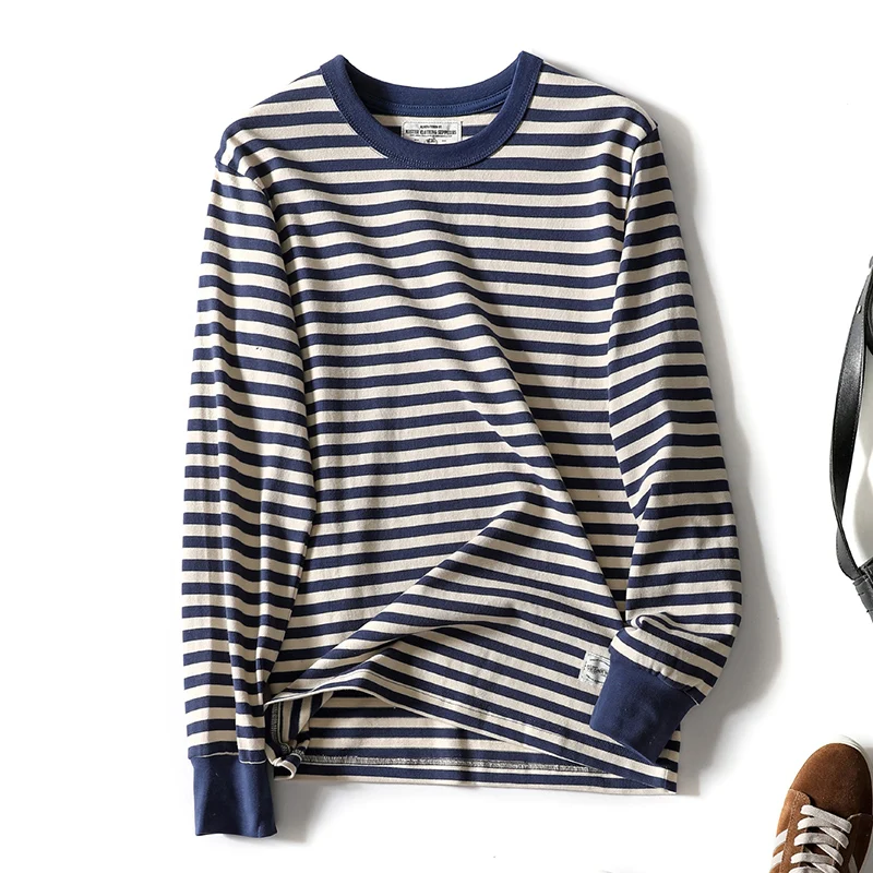 

Винтажная американская морская футболка в полоску с длинным рукавом, мужская, плотная, 280 г, двойного плетения, цвет хаки, с круглым вырезом, хлопковая