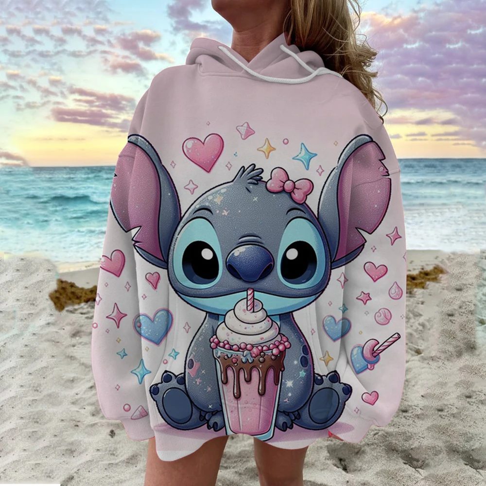 Stitch Hoodie Autumn Women's Cartoon Printed Short Sleeve Hooded Clothing Fashion Jacket Adult Daily Casual Streetwear