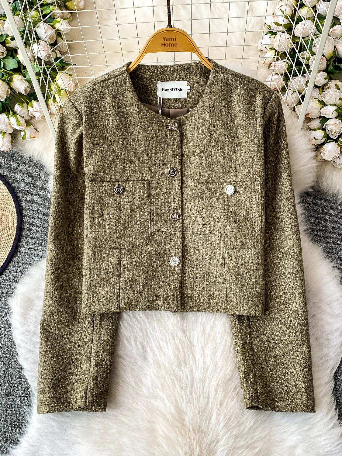 우아한 숏 코트 여성용 긴팔 두꺼운 트위드 라운드넥 버튼 탑 출퇴근룩 루즈핏 따뜻한 젊은 감각 가을 겨울