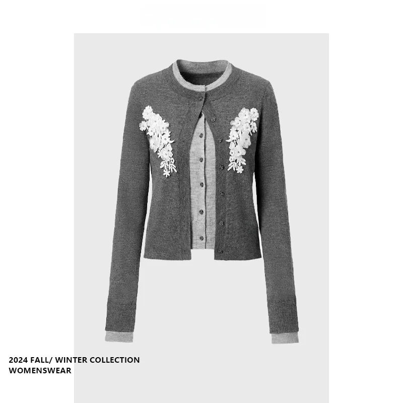 Suéter de Lã de Manga Longa Forever 21, Estilo Casual Cinza, com Decoração de Renda Floral e Blocos de Cores, Simples e Versá...