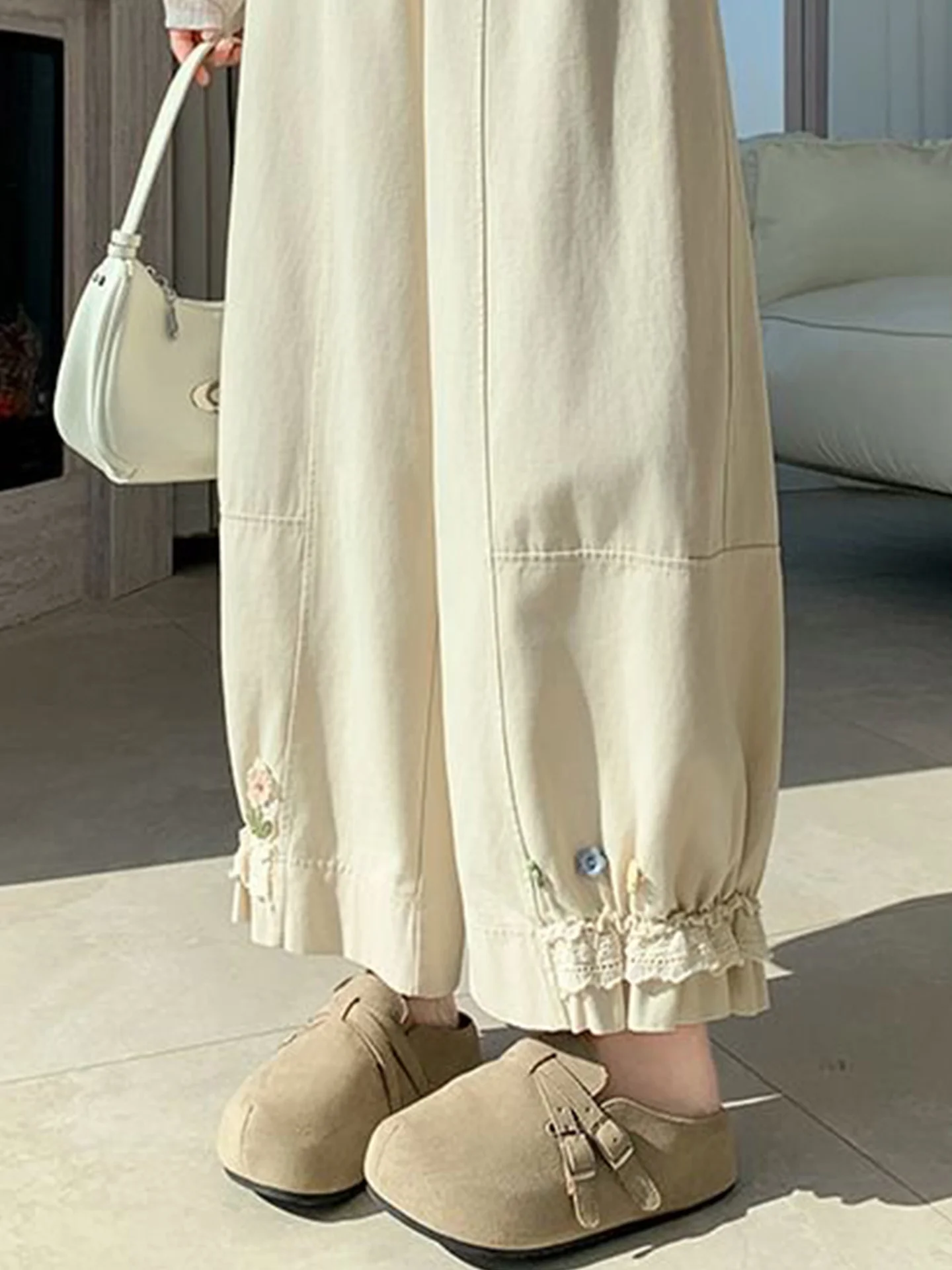 Washed Cotton Wide Leg Pants Women Summer New Loose Slimming Lace Trim Nine Points Cuffed Harem Pants Soft Comfortable Casual...