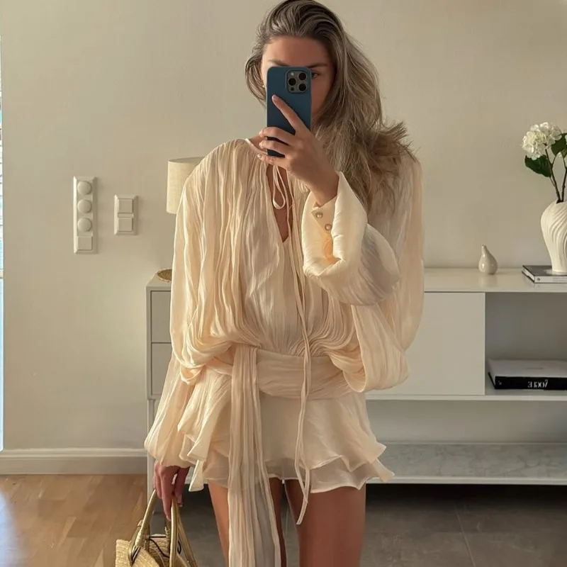 

Talenza Elegant Ruched Mini Dress Women Round Neck Lantern Long Sleeve High Waist Temperament Dresses Female Fashion Short Sets