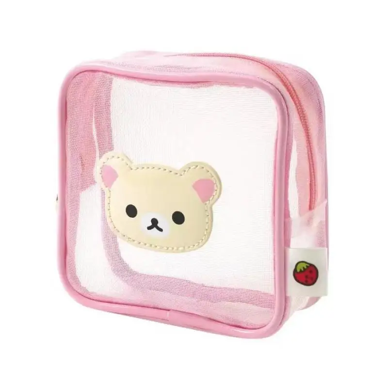 Kawaii Cute Rilakkuma Wash Bag Mesh Square Small Item Transparent Miscellaneous Storage Makeup Bag Cartoon Ins Gift For Girls