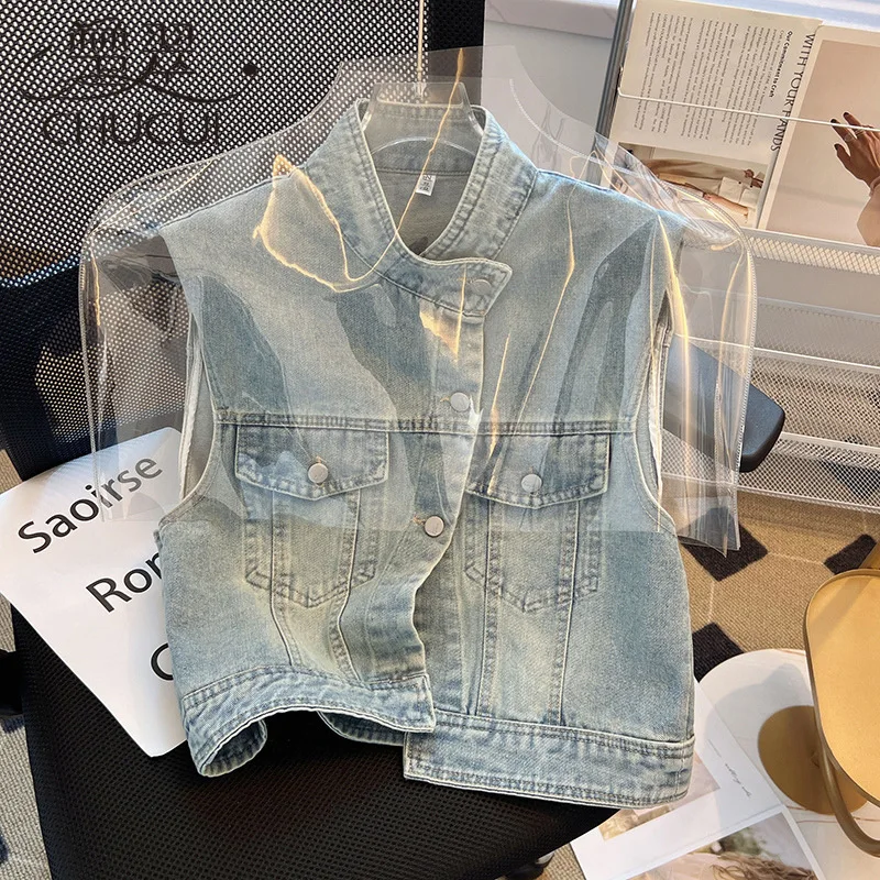 Denim Vest Women Waistcoat Sleeveless Jacket Stand Collar Single Breasted Pockets 2025 Summer Vintage Washed Coat Streetwear