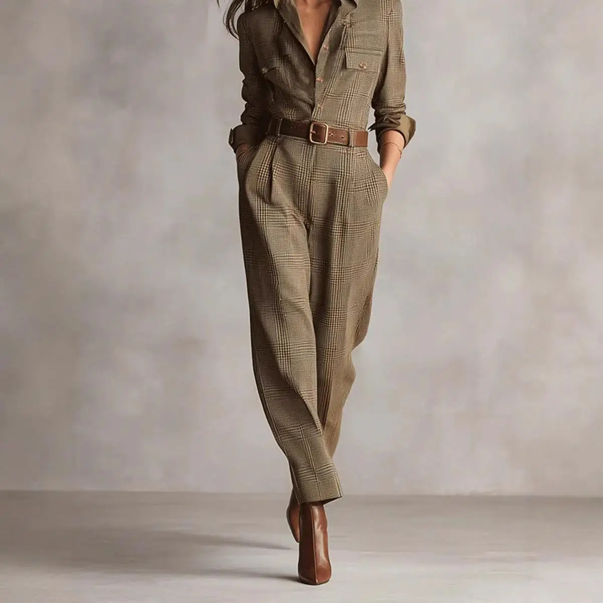 

Classic Retro Plaid Workwear Jumpsuit for Women Low Waist Long Pants Autumn Cross-Border Fashion Commute Style Y3163