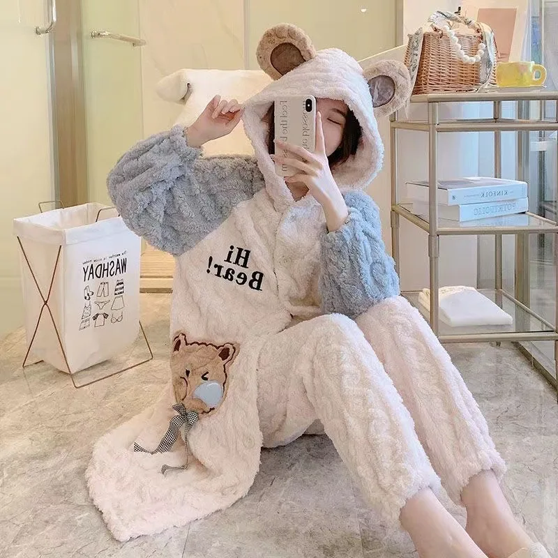 New Winter 2024 Coral Velvet Pajamas Set Bear Thickened Flannel Cute Hooded Nightgowns with Pants 2PCS PJ Set Nightdress Set