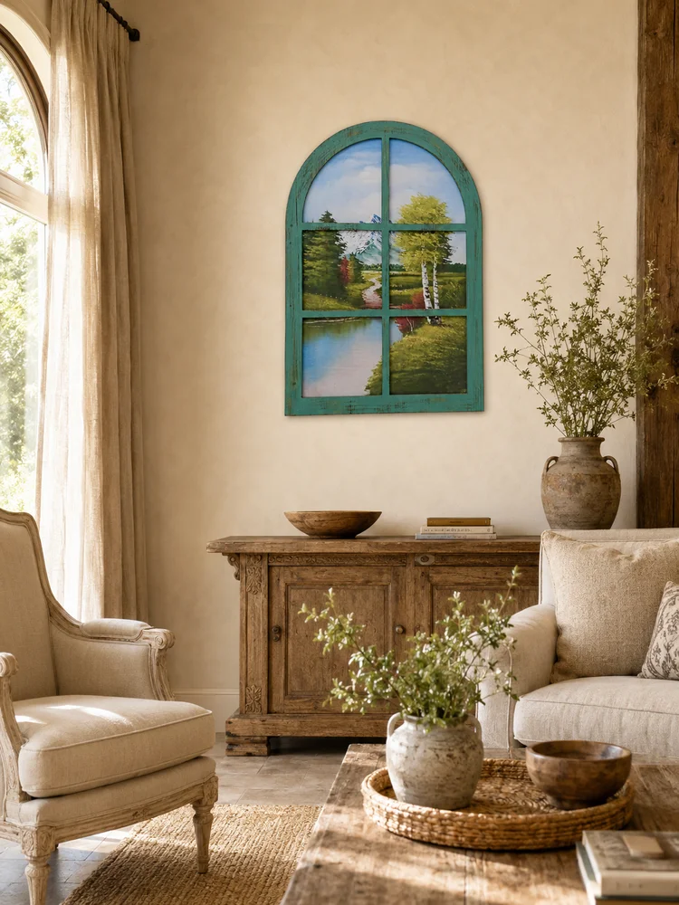 Large Vintage Arched Faux Window Wall Art with Lake and Birch Landscape, Distressed Green MDF Farmhouse Wall Decor, 60×86cm