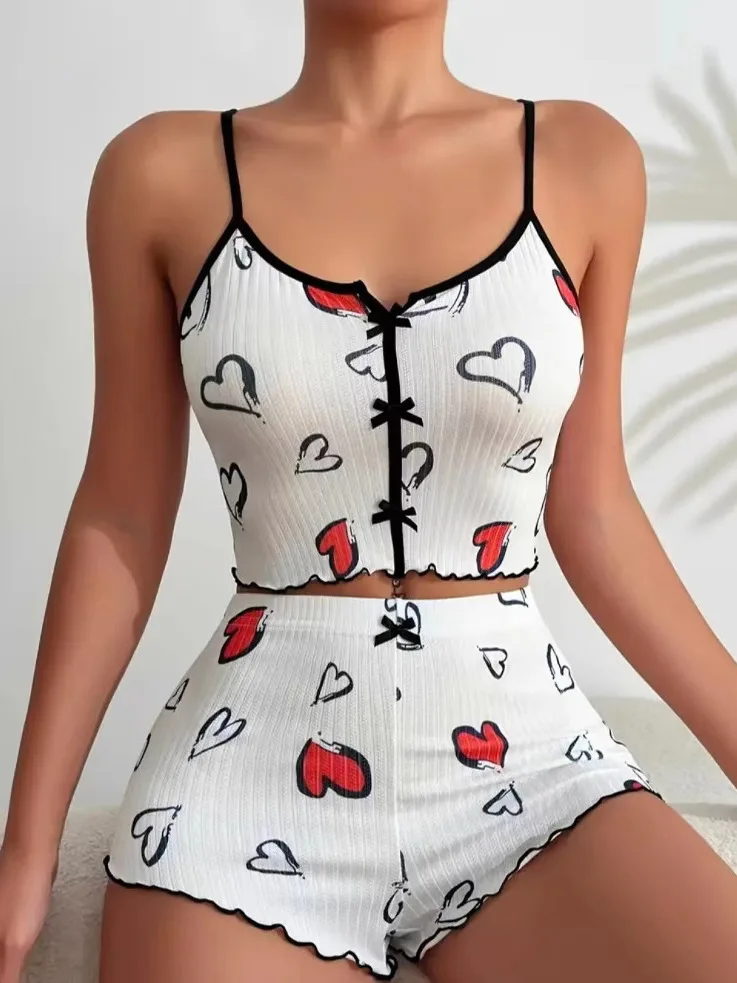 Women 2024 New Heart-shaped Printed Contrasting Color Low Collar Sling Vest+high Waisted Slim Shorts Two Piece Set 6IVI