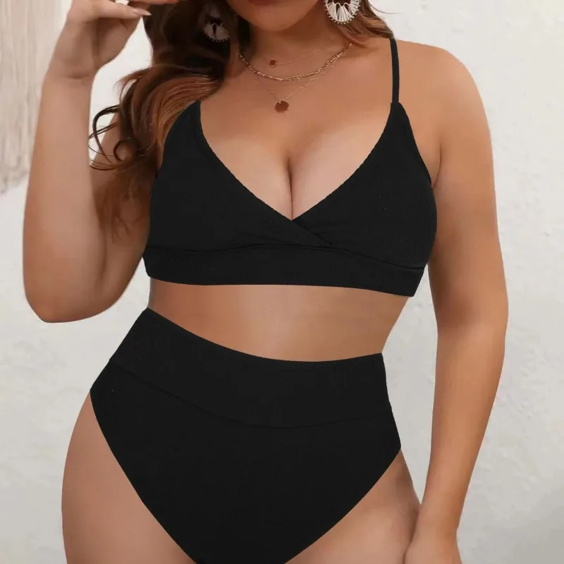 

2024 Women's Solid Color Deep V Neck Double Shoulder Straps High Waist Bikini Set