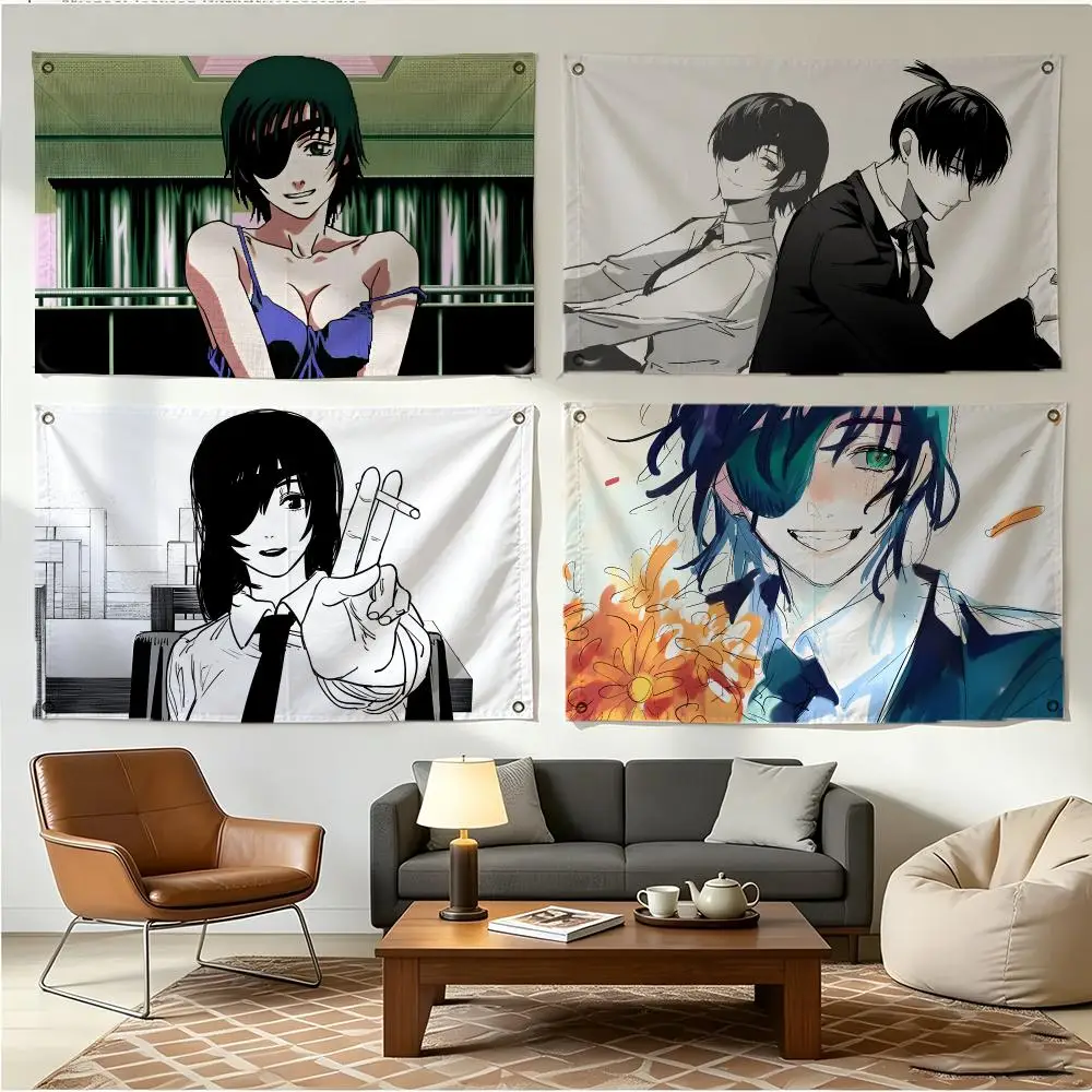 Anime Character Chainsaw Man Himeno Flags Four Ring Borderless Art Decor Indoor Outdoor Use Simple Hang And Install
