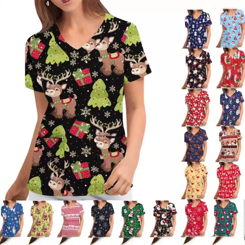 Christmas women's nurse uniform top with reindeer and Christmas tree pattern V-neck veterinary nurse uniform shirt nurse uniform