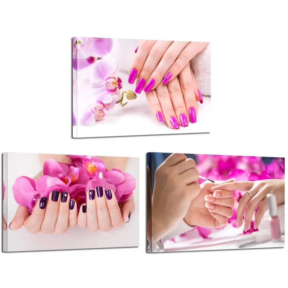 3 Pcs Purple Nail Hands Spa Beauty Salon Manicure Posters Pictures Canvas Wall Art Home Decor Paintings Living Room Decoration