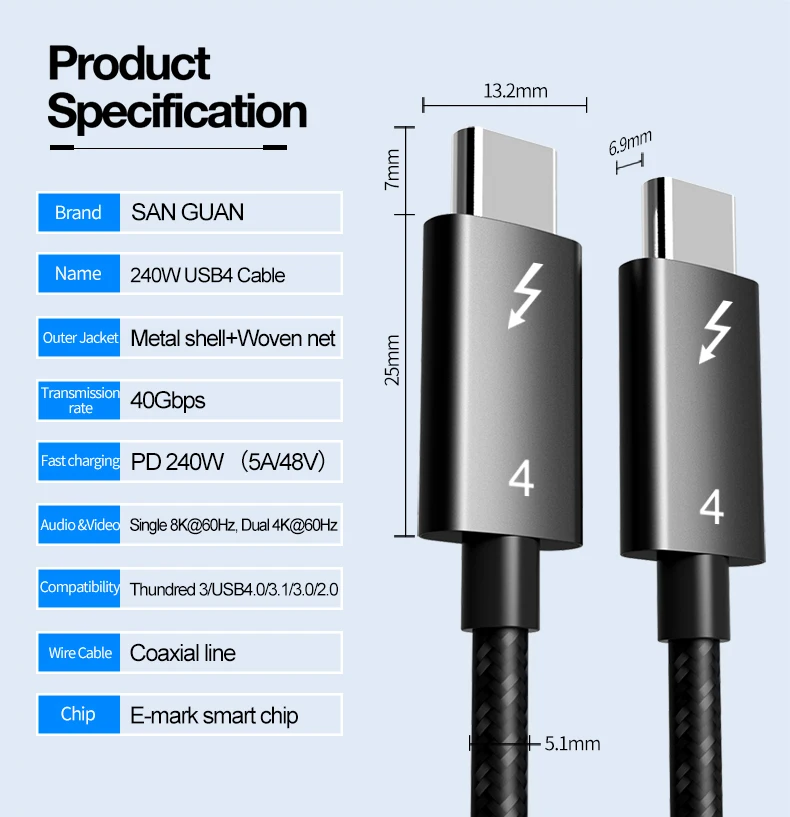 USB-IF PD240W USB4 Gen3 40Gbps Koaxialkabel 8K60Hz HD-Videoübertragung 5A48V Schnellladung USB-C-Kabel für Macbook Dock Hub E-GPU – Detail 10