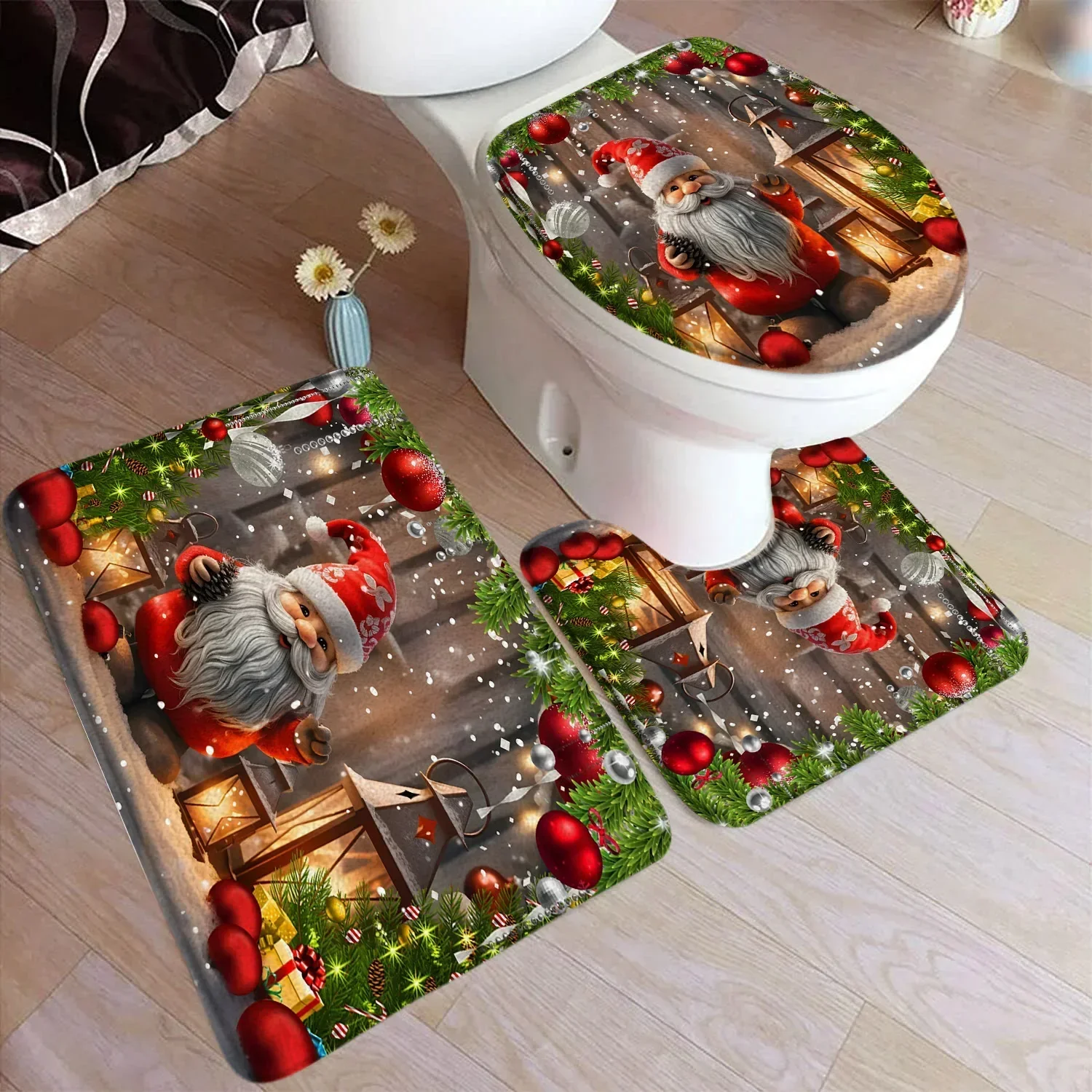 Funny Christmas Bath Mat Set Cute Snowman Santa Claus Red Balls Xmas Trees Carpet Home Decor Bathroom Floor Rug Toilet Lid Cover