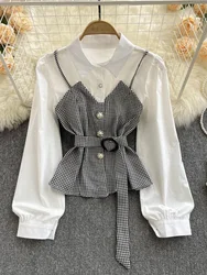 Women Korean Fashion Contrast Color Temperament Blouse Waist Waist Single-breasted Plaid Fake Two-piece Shirt Tops Female D0394